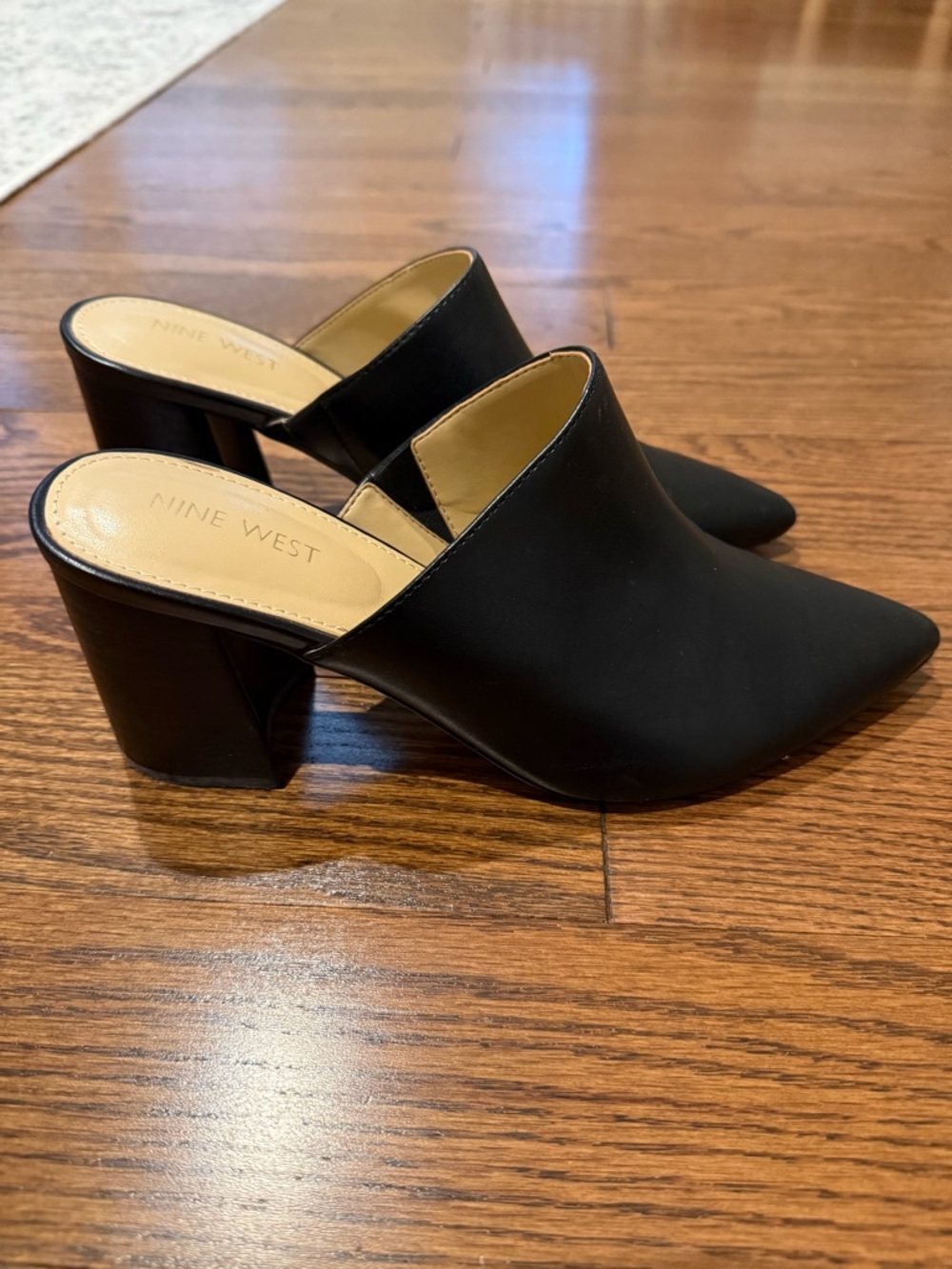 Nine West Black Pointed Toe Slip-On Block Heel Mules